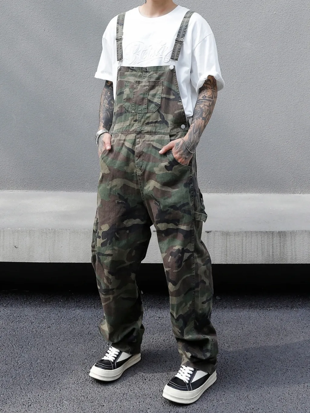 Men's Military Print Denim Dungarees — a pair designed to be worn everywhere