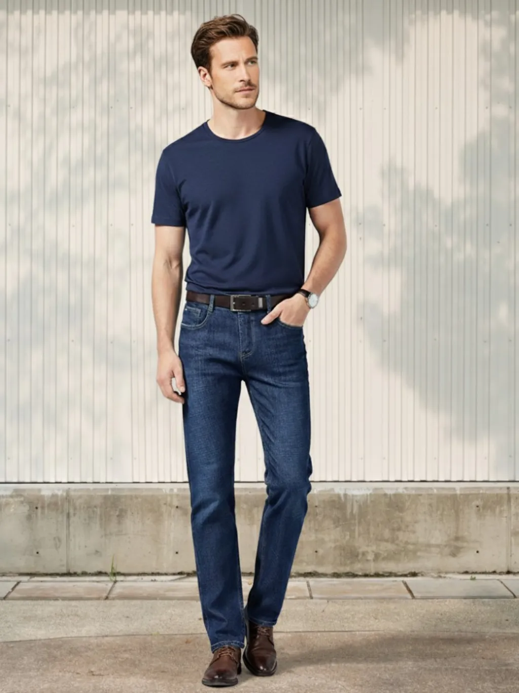 Men's Navy Blue Straight Jeans, Stretch Cotton