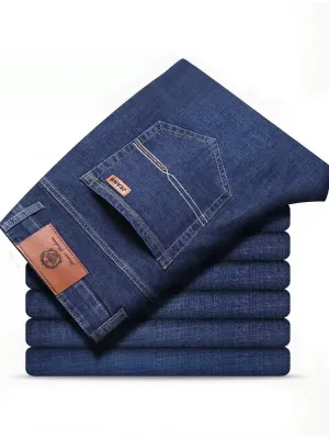 Men's Navy Blue Straight Jeans, Stretch Cotton — view 4