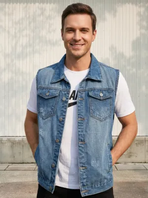 Men's Old School Washed Blue Sleeveless Denim Jacket — view 1