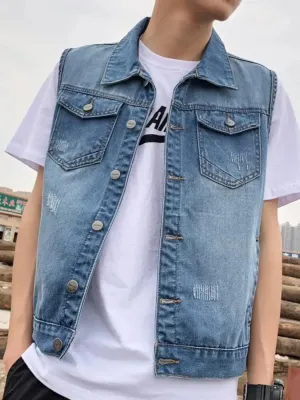 Men's Old School Washed Blue Sleeveless Denim Jacket — view 2