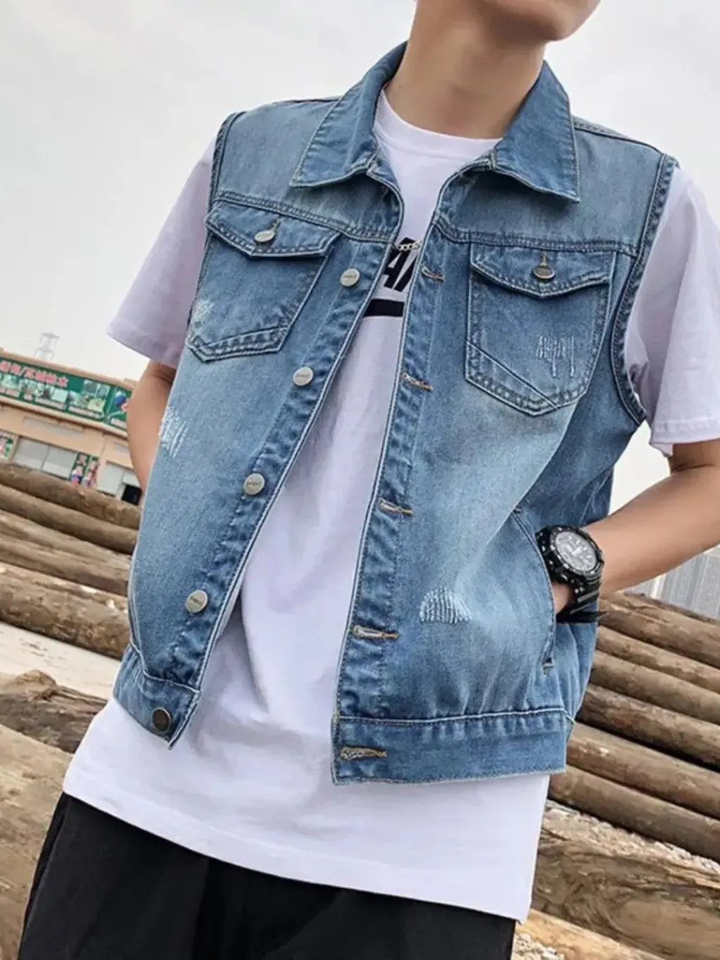 Men's Old School Washed Blue Sleeveless Denim Jacket — endless ways to style it