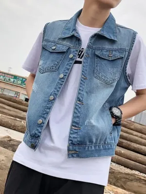 Men's Old School Washed Blue Sleeveless Denim Jacket — view 4