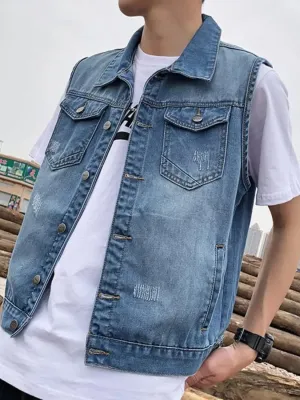 Men's Old School Washed Blue Sleeveless Denim Jacket — view 5