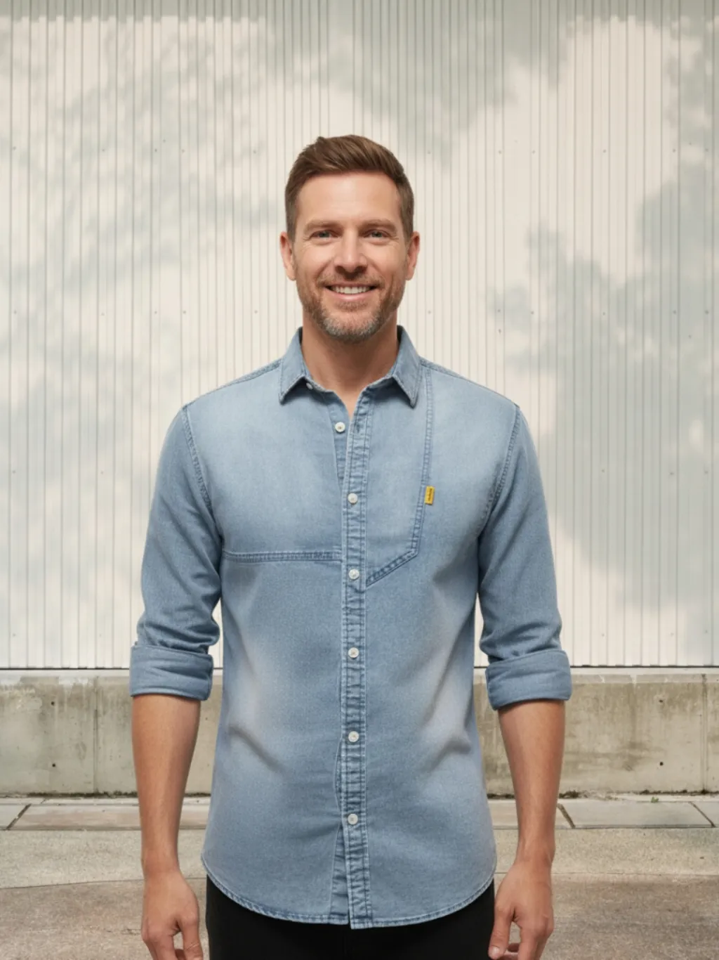 Men's Slim-Fit Washed Blue Denim Shirt