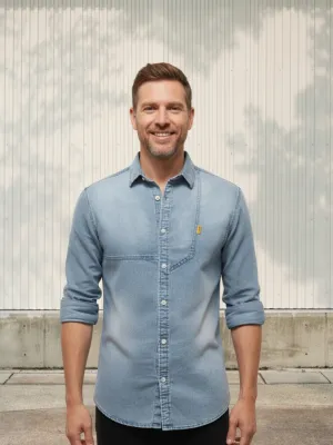 Men's Slim-Fit Washed Blue Denim Shirt — view 1