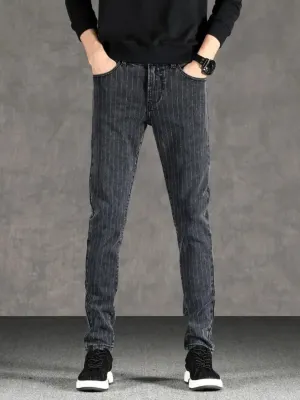 Men's Striped Charcoal Grey Slim-Fit Jeans — view 2
