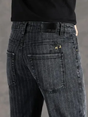 Men's Striped Charcoal Grey Slim-Fit Jeans — view 5