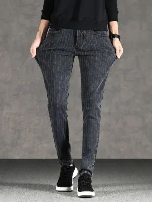 Men's Striped Charcoal Grey Slim-Fit Jeans — view 6