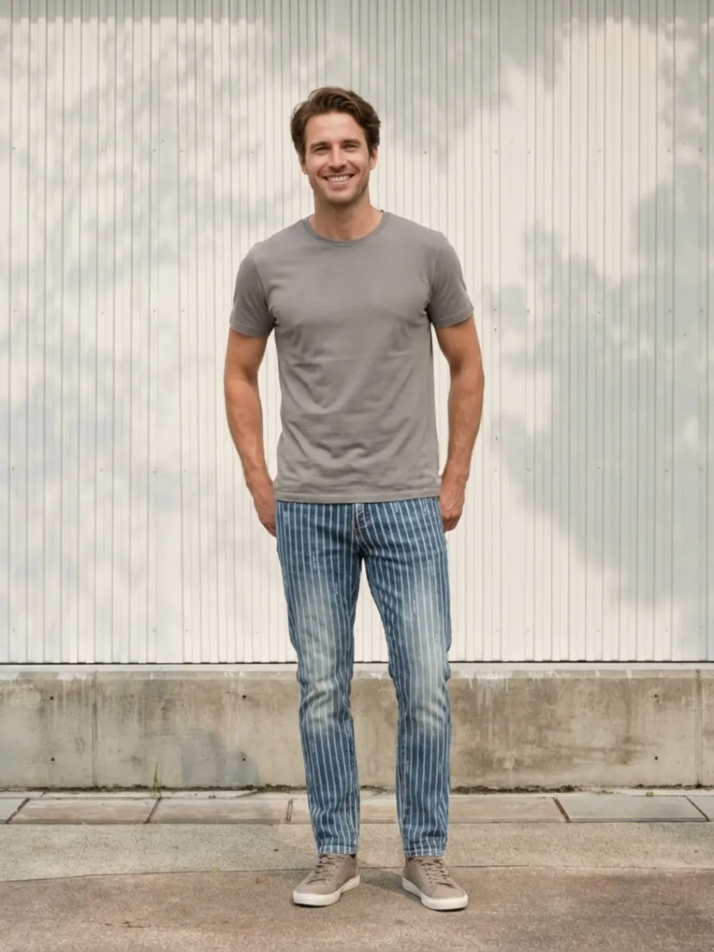 Men's Striped Washed Blue and White Jeans