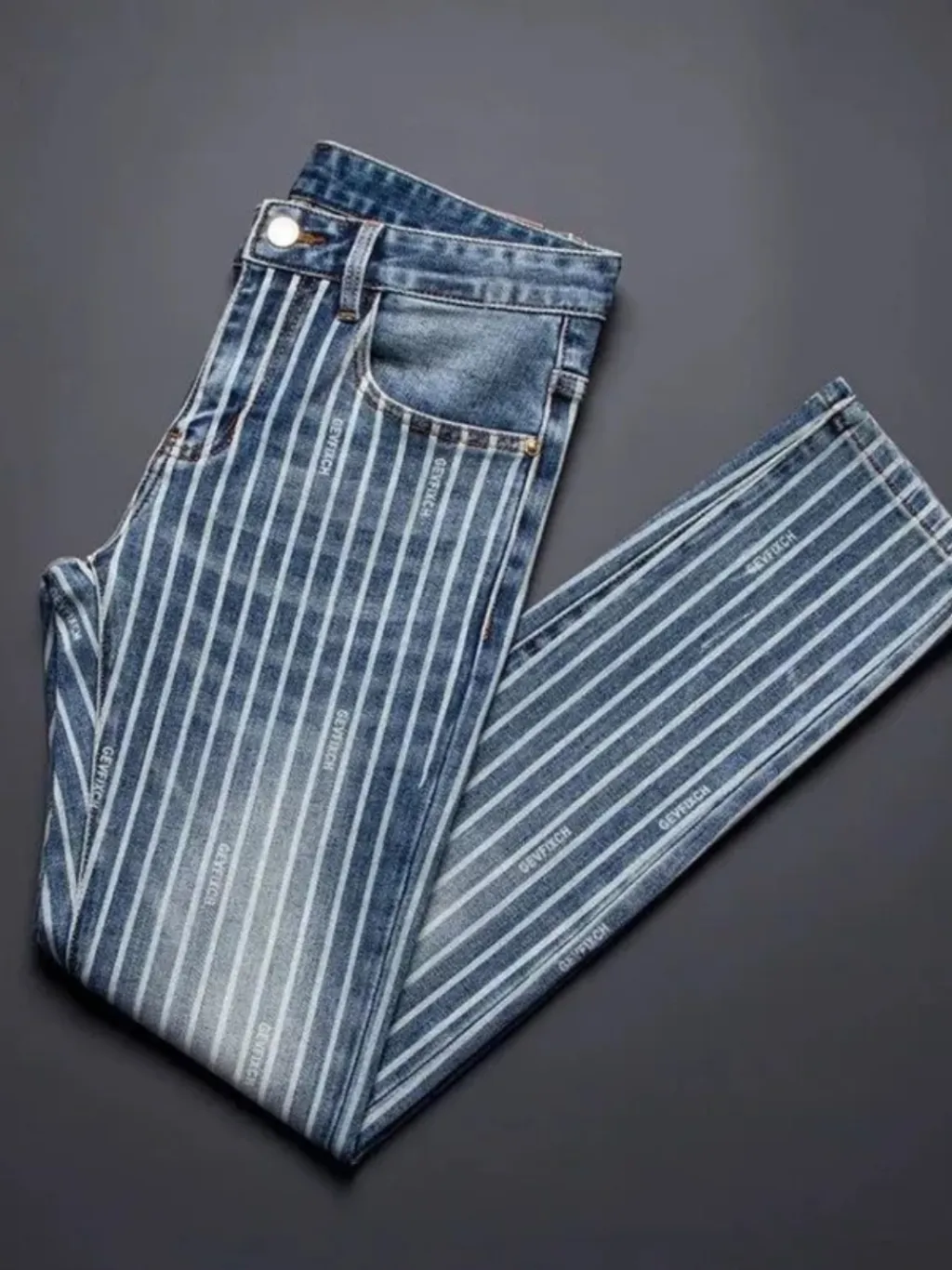 Men's Striped Washed Blue and White Jeans — a pair designed to be worn everywhere