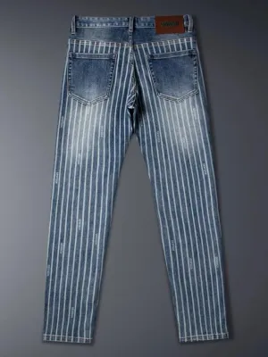 Men's Striped Washed Blue and White Jeans — view 4