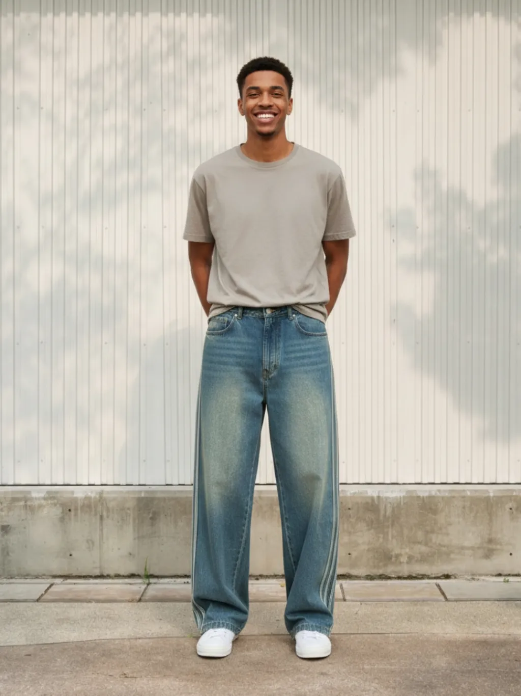 Men's Striped Wide-Leg Jeans Vintage Wash