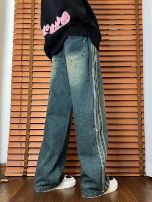 Men's Striped Wide-Leg Jeans Vintage Wash — view 4