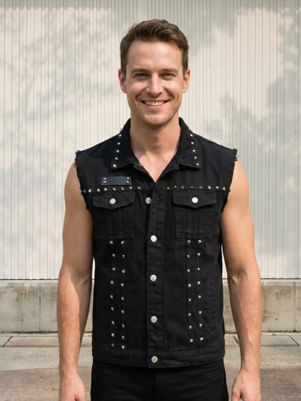 Men's Studded Black Denim Sleeveless Jacket