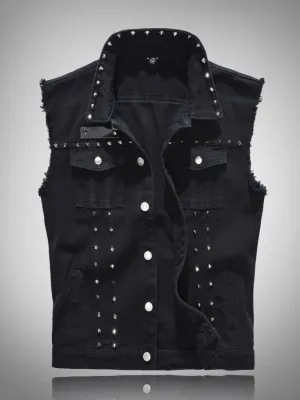 Men's Studded Black Denim Sleeveless Jacket — view 2