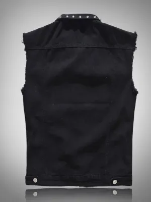 Men's Studded Black Denim Sleeveless Jacket — view 3