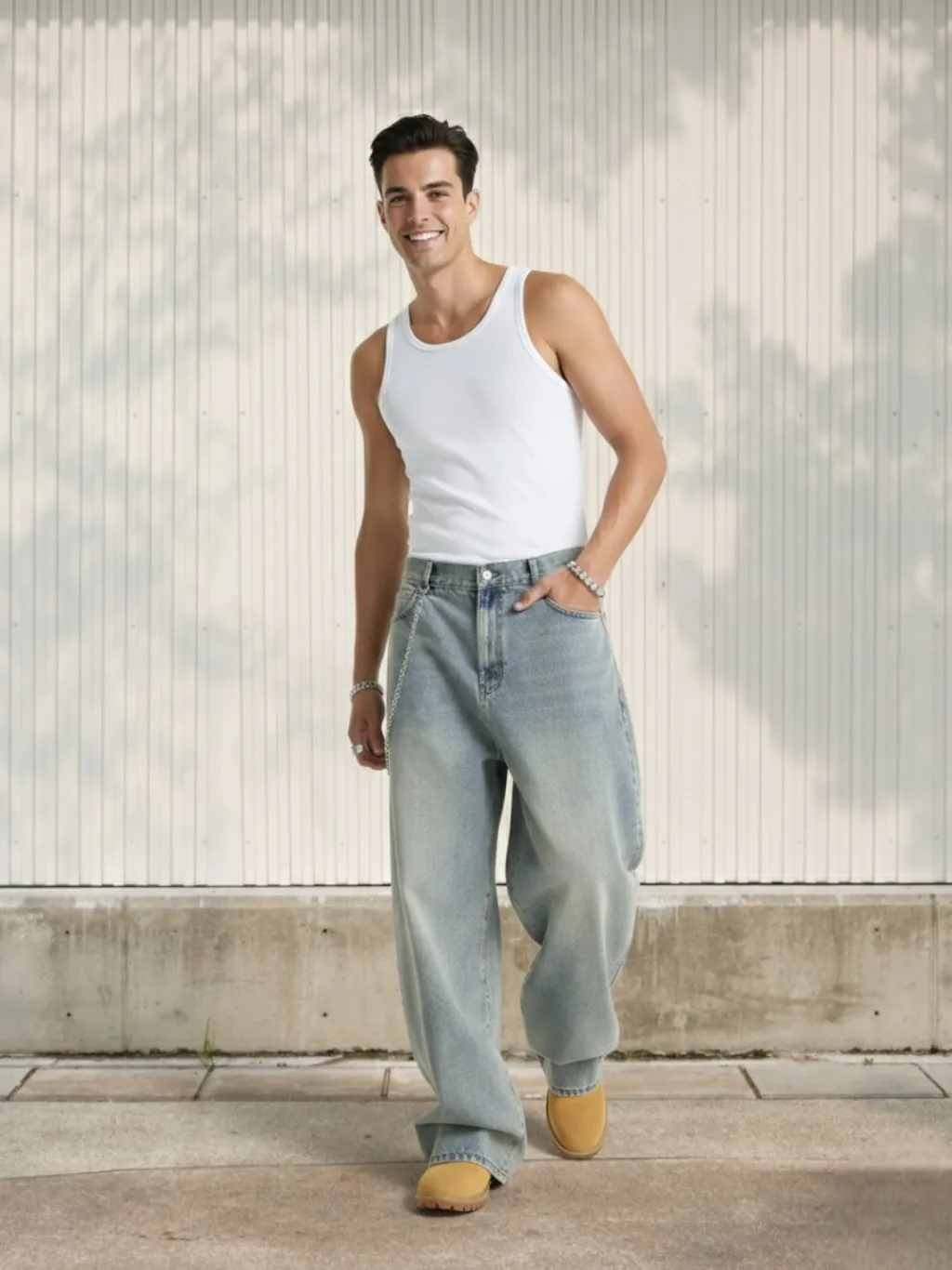 Men's Vintage-Wash Baggy Jeans with Deep Texture