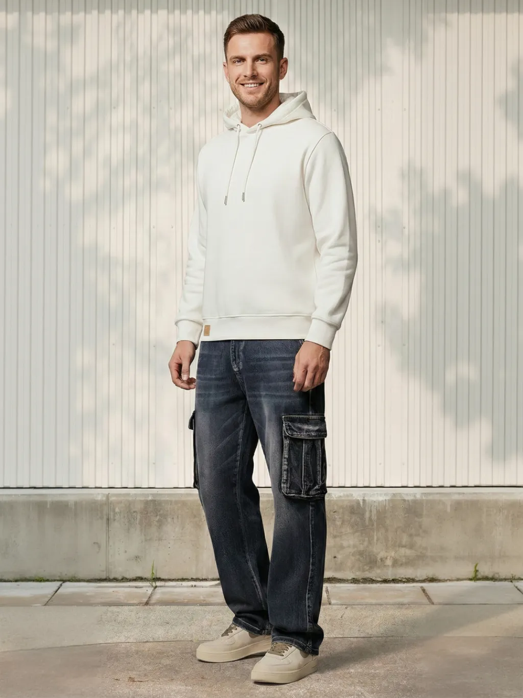 Men's Washed Blue Straight-Leg Cargo Jeans