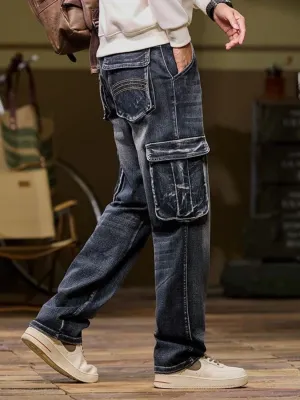 Men's Washed Blue Straight-Leg Cargo Jeans — view 2