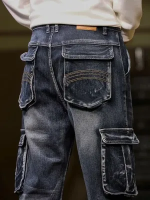 Men's Washed Blue Straight-Leg Cargo Jeans — view 4