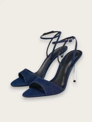 Navy Blue Denim Stiletto Heel Sandals — view 1