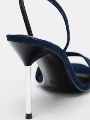 Navy Blue Denim Stiletto Heel Sandals — view 3