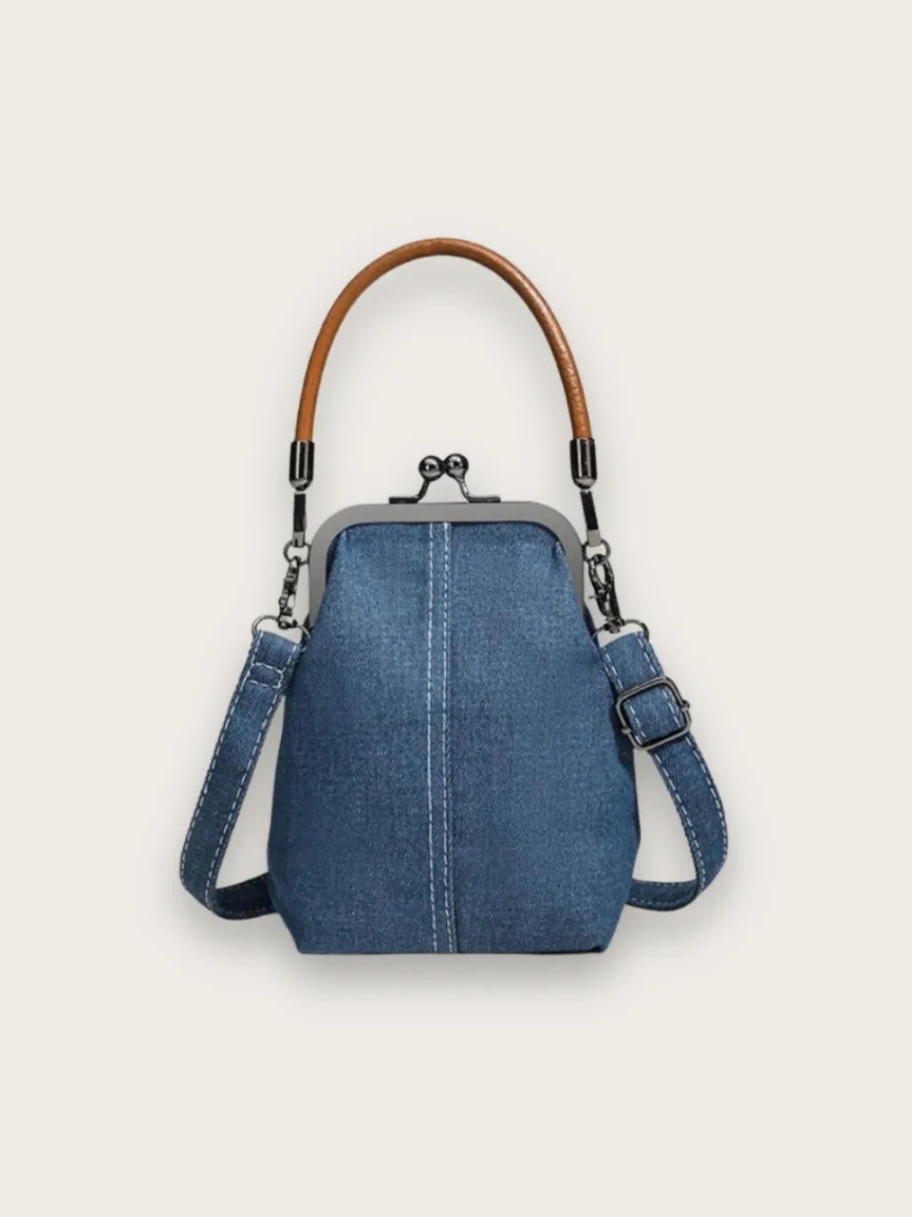 Retro Denim Bag with Clasp and Cognac Handle