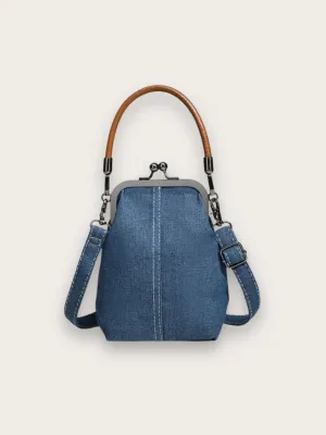 Retro Denim Bag with Clasp and Cognac Handle — view 1
