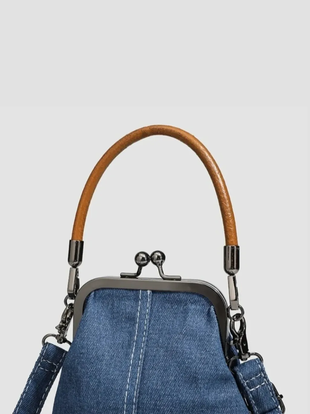 Retro Denim Bag with Clasp and Cognac Handle — endless ways to style it