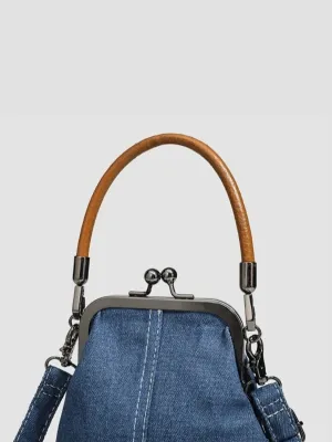 Retro Denim Bag with Clasp and Cognac Handle — view 4