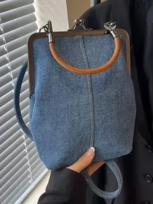 Retro Denim Bag with Clasp and Cognac Handle — view 5