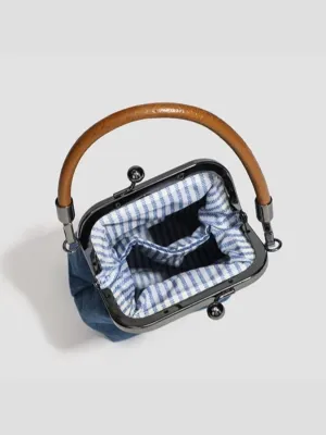 Retro Denim Bag with Clasp and Cognac Handle — view 6