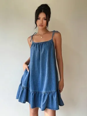 Short Babydoll Denim Dress with Frills — view 5