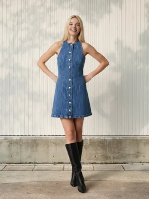 Short Buttoned Blue Denim Dress, Retro Style — view 1