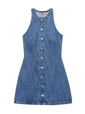 Short Buttoned Blue Denim Dress, Retro Style — view 2