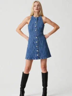 Short Buttoned Blue Denim Dress, Retro Style — view 4