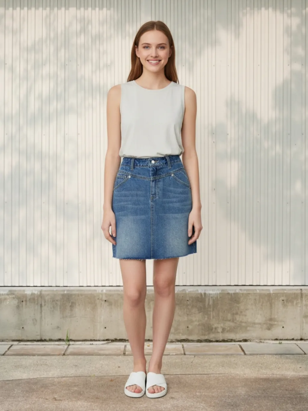 Short Washed Blue Denim Skirt with Graphic Seams