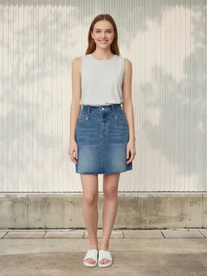Short Washed Blue Denim Skirt with Graphic Seams — view 1