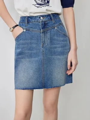 Short Washed Blue Denim Skirt with Graphic Seams — view 2
