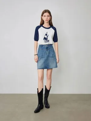 Short Washed Blue Denim Skirt with Graphic Seams — view 4