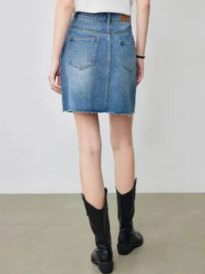 Short Washed Blue Denim Skirt with Graphic Seams — view 5