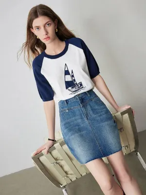 Short Washed Blue Denim Skirt with Graphic Seams — view 6