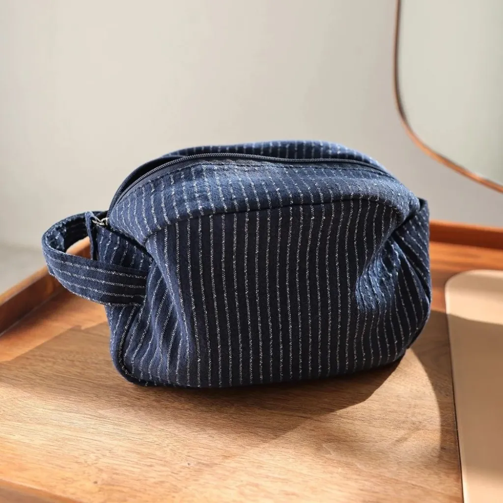 Striped Denim Pouch Clutch Bag 22 x 15.5 cm