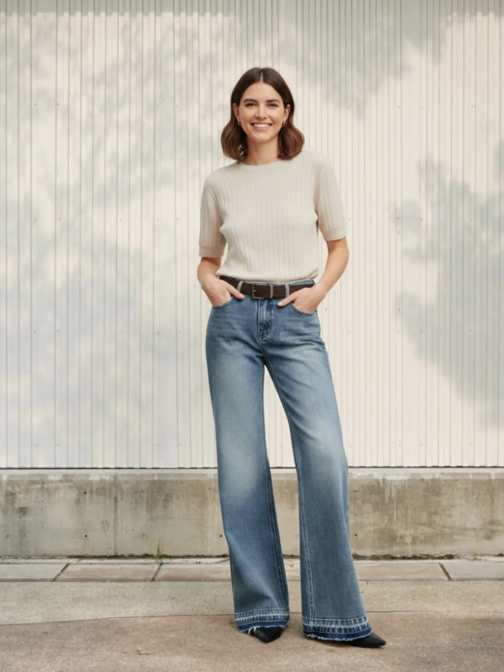 Washed Flared Jeans with Frayed Hems