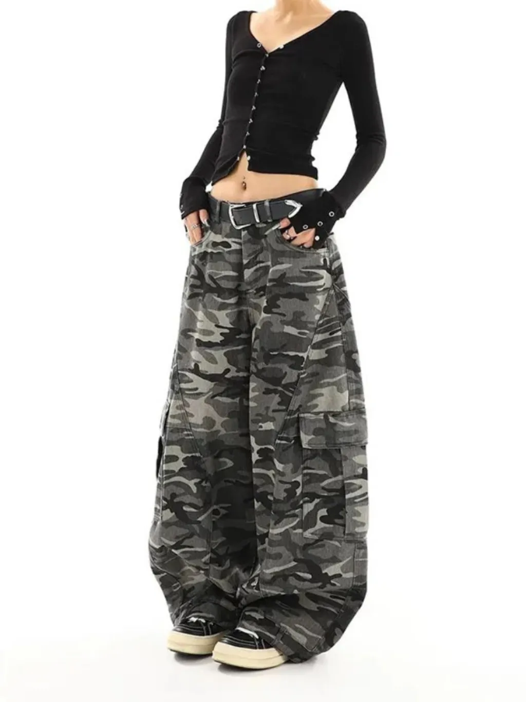 Women's Baggy Jeans in Camo Military Print — a pair designed to be worn everywhere