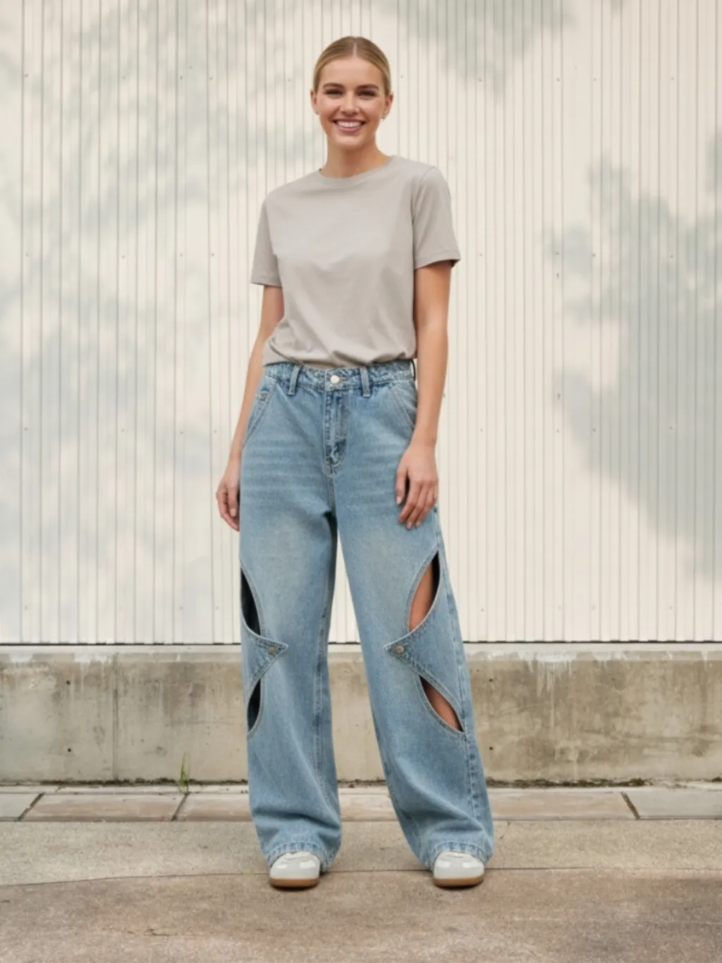 Women's Baggy Jeans with Geometric Cut-Outs