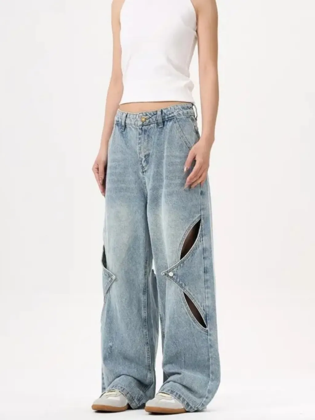 Women's Baggy Jeans with Geometric Cut-Outs — a pair designed to be worn everywhere