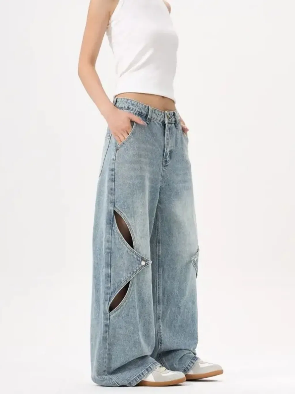 Women's Baggy Jeans with Geometric Cut-Outs — quality denim, made to last