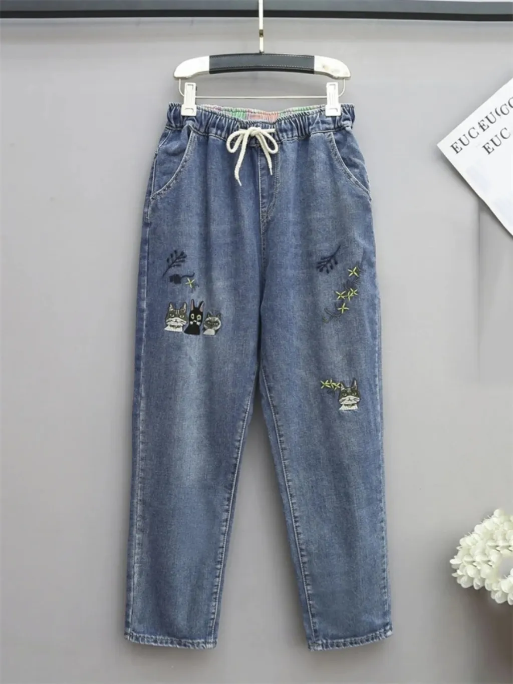 Women's Balloon Jeans with Cute Embroidery & Drawstring — a pair designed to be worn everywhere